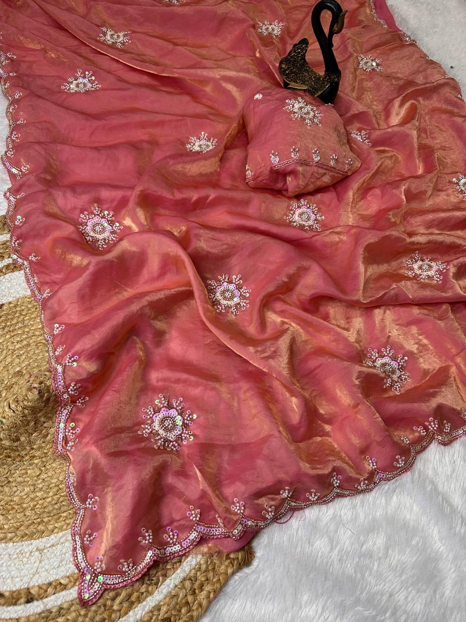 Scintilla Pink Sequence Work Fandy Silk Saree With Eloquence Blouse Piece