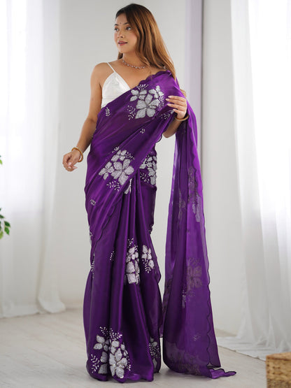 Glowing Purple Sequence Work Jimmy Choo Silk Saree With Fairytale Blouse Piece