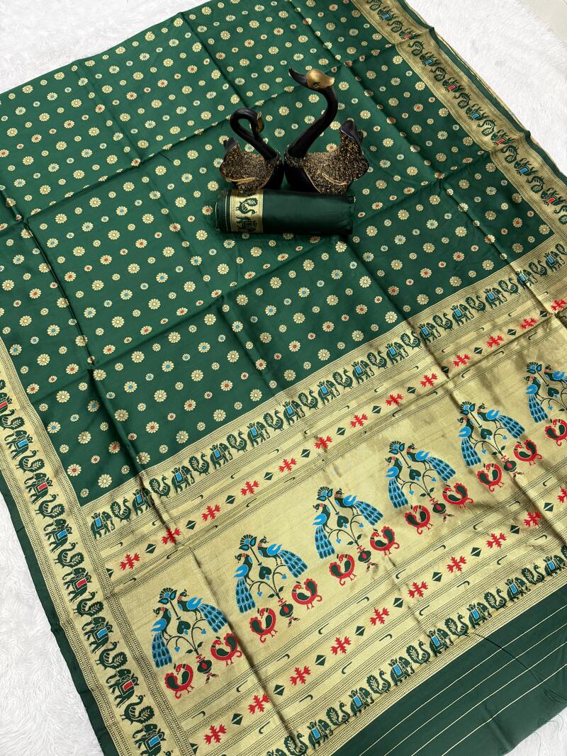 Arresting Dark Green Paithani Silk Saree With Divine Blouse Piece