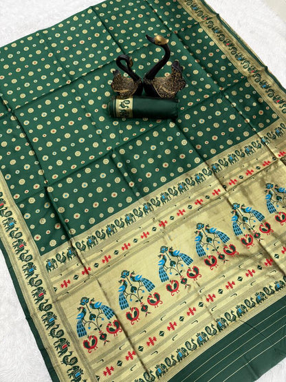 Arresting Dark Green Paithani Silk Saree With Divine Blouse Piece