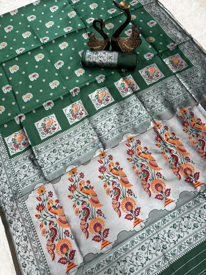 Imaginative Dark Green Paithani Silk Saree With Ailurophile Blouse Piece