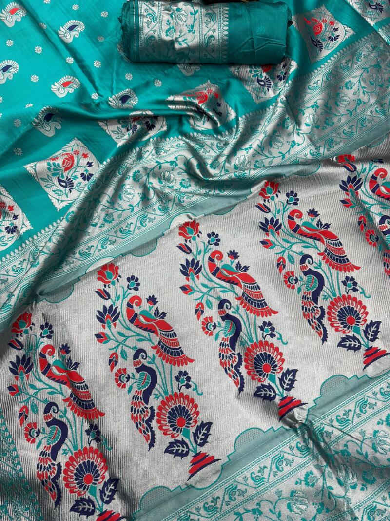 Quixotic Turqiouise Paithani Silk Saree With Majesty Blouse Piece