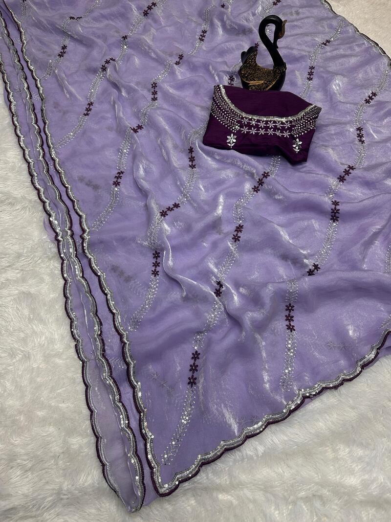Stylish Lavender Sequence Work Fandy Silk Saree With Elegant Blouse Piece