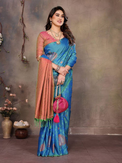Devastating Blue Soft Banarasi Silk Saree With Majesty Blouse Piece