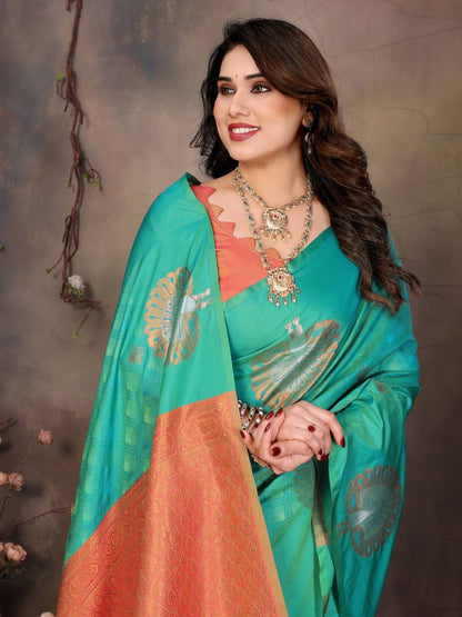 Dazzling Sea Green Soft Banarasi Silk Saree With Enigmatic Blouse Piece