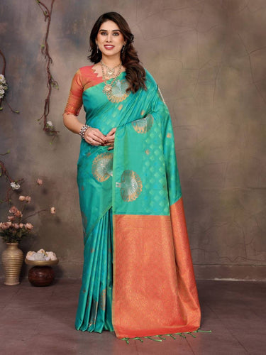 Dazzling Sea Green Soft Banarasi Silk Saree With Enigmatic Blouse Piece