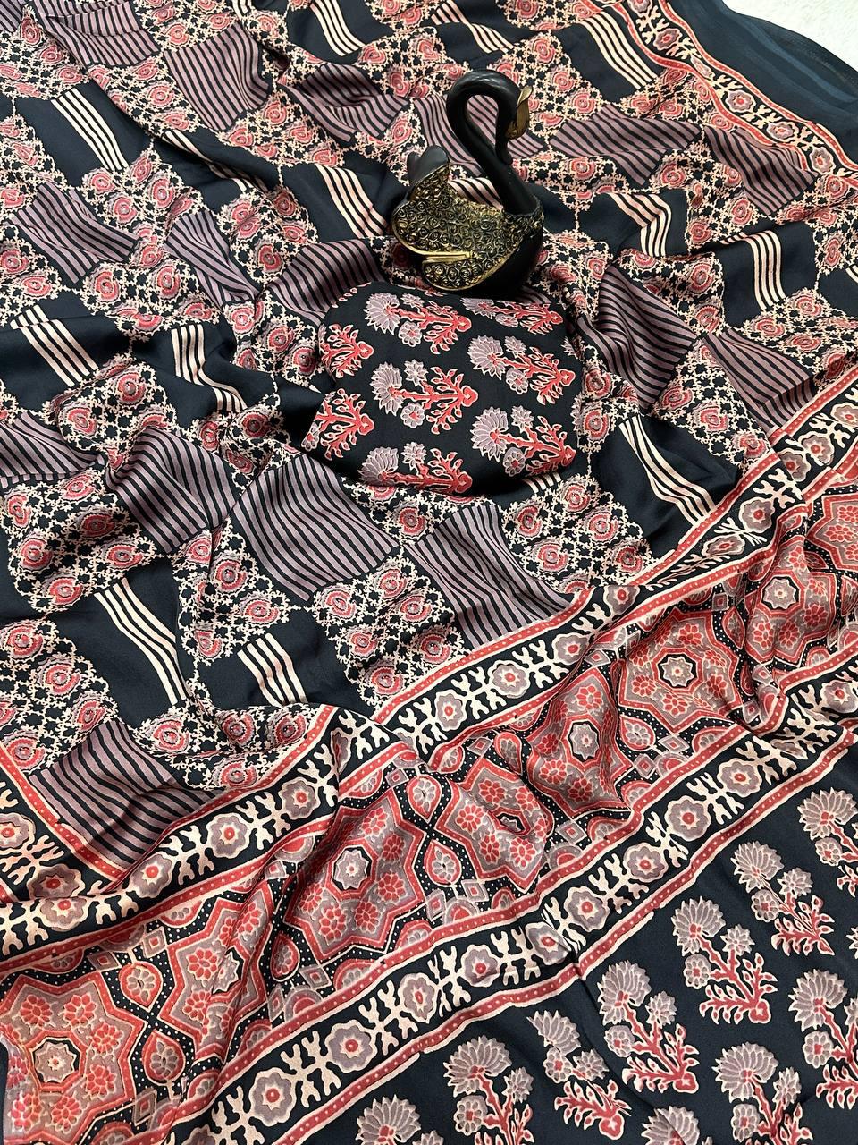 Evocative Black Ajrakh Printed Gajji Soft Silk Saree With Posh Blouse Piece