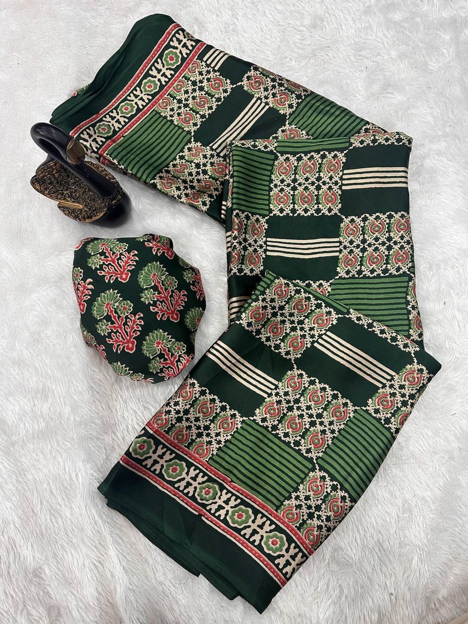 Exemplary Dark Green Ajrakh Printed Gajji Soft Silk Saree With Fragrant Blouse Piece