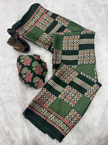 Exemplary Dark Green Ajrakh Printed Gajji Soft Silk Saree With Fragrant Blouse Piece