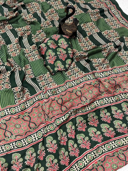 Exemplary Dark Green Ajrakh Printed Gajji Soft Silk Saree With Fragrant Blouse Piece