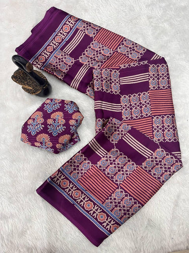 Panoply Purple Ajrakh Printed Gajji Soft Silk Saree With Resplendent Blouse Piece