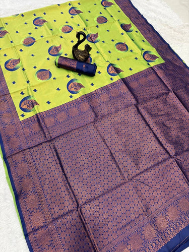 Enigmatic Parrot Soft Silk Saree With Bewitching Blouse Piece