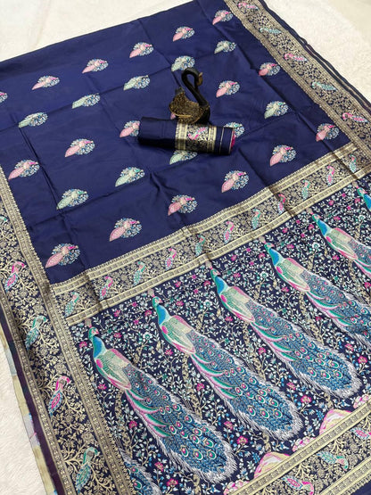 Snazzy Navy Blue Soft Banarasi Silk Saree With Stunner Blouse Piece