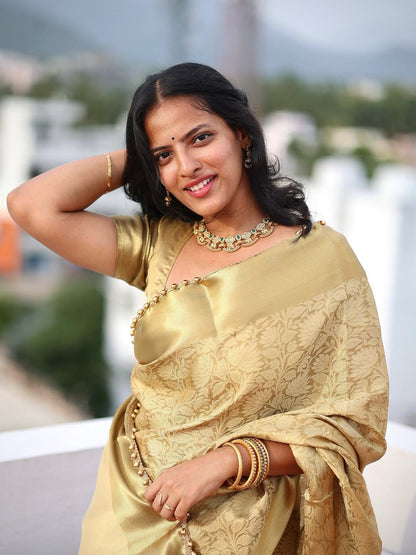 Lagniappe Golden Soft Tissue Silk Saree With Petrichor Blouse Piece