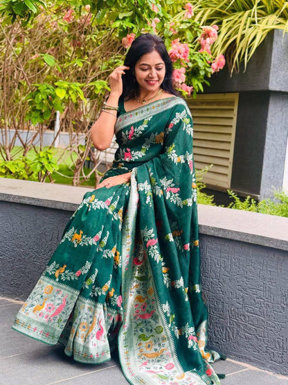 Divine Green Soft Banarasi Silk Saree With Dulcet Blouse Piece