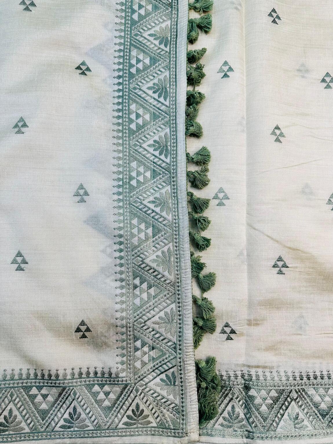Stunner Off White Embroidery Work Tussar Silk Saree With Elision Blouse Piece