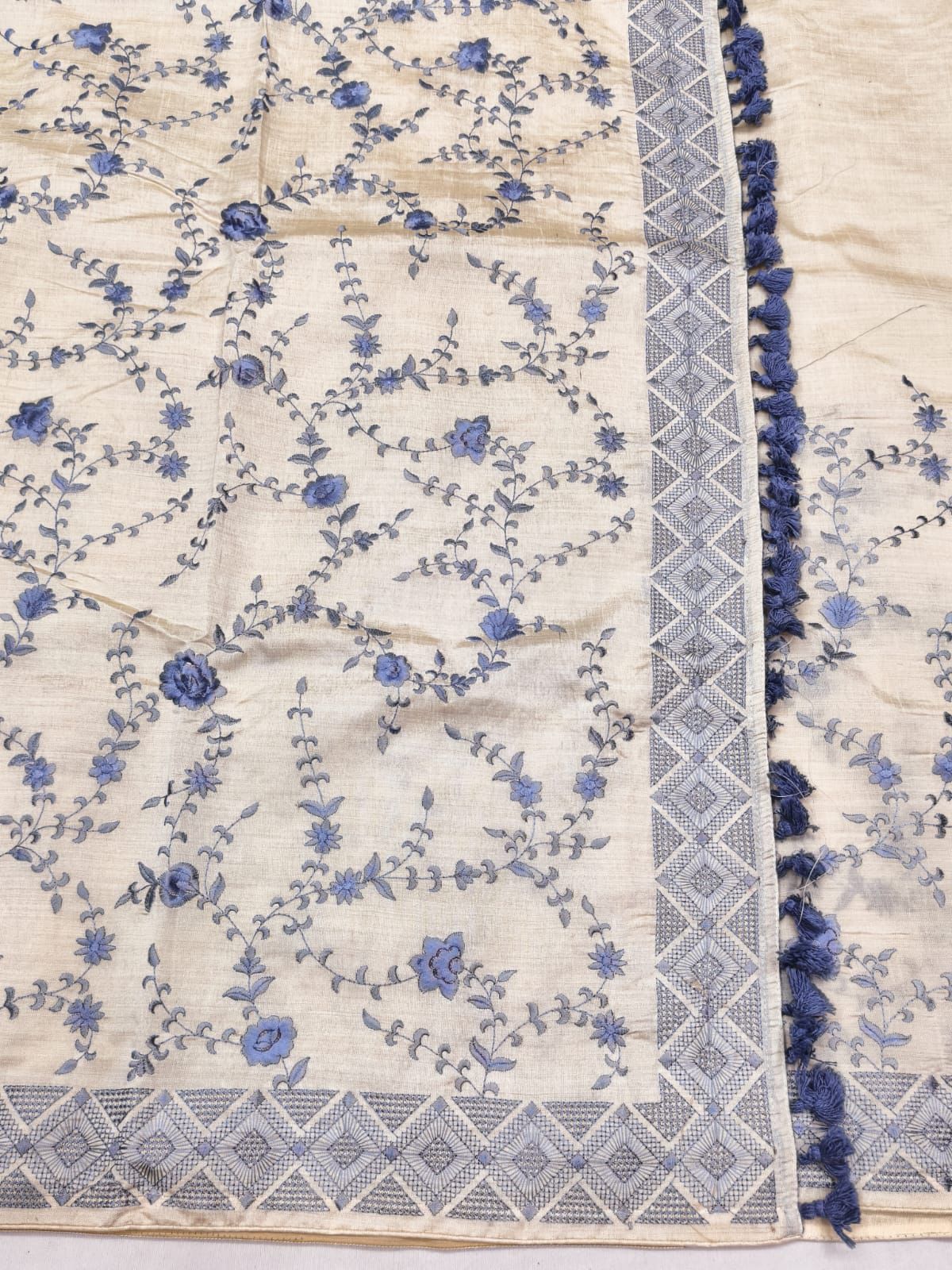 Quintessential Beige Embroidery Work Tussar Silk Saree With Impressive Blouse Piece