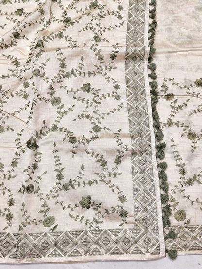 Epiphany Beige Embroidery Work Tussar Silk Saree With Fairytale Blouse Piece