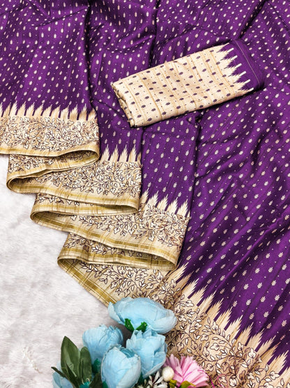 Twirling Purple Embroidery Work Tussar Silk Saree With Felicitous Blouse Piece