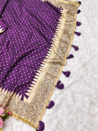Twirling Purple Embroidery Work Tussar Silk Saree With Felicitous Blouse Piece