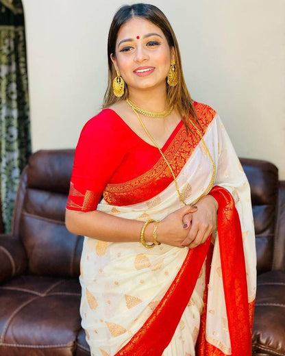 Sreemati - White Silk Saree with Golden Zari Motifs and Red Border