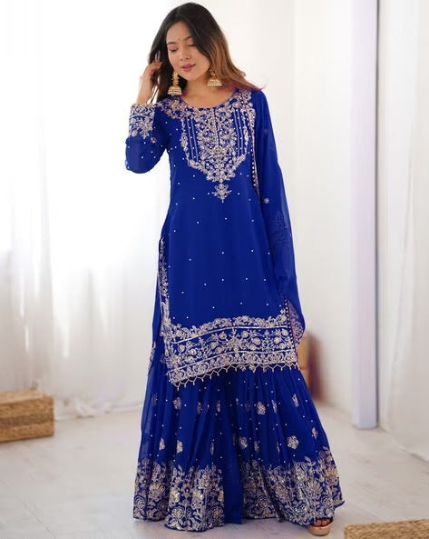 Designer Heavy Embroidered Kurta Sharara Suit Set with Dupatta | 10 Color Options