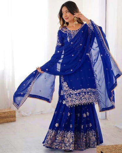Designer Heavy Embroidered Kurta Sharara Suit Set with Dupatta | 10 Color Options