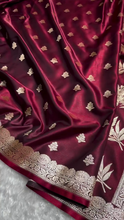 Wine Maroon Banarasi Silk Saree with Gold Zari Buti Motifs & Classic Woven Border