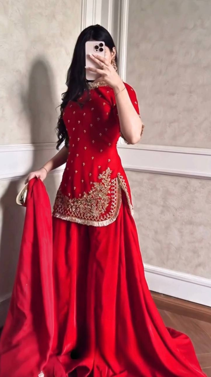 Red Embroidered Kurta Set with Fringe Border Dupatta & Palazzo