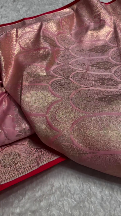 Rose Pink Banarasi Silk Saree with Gold Zari Floral Jaal & Heavy Traditional Border