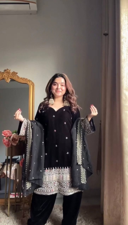 Royal Black Velvet Kurta Set with Heavy Ethnic Border & Sheer Dupatta