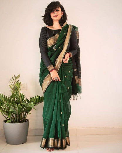 Deep Green Cotton Silk Saree with Gold Zari Border
