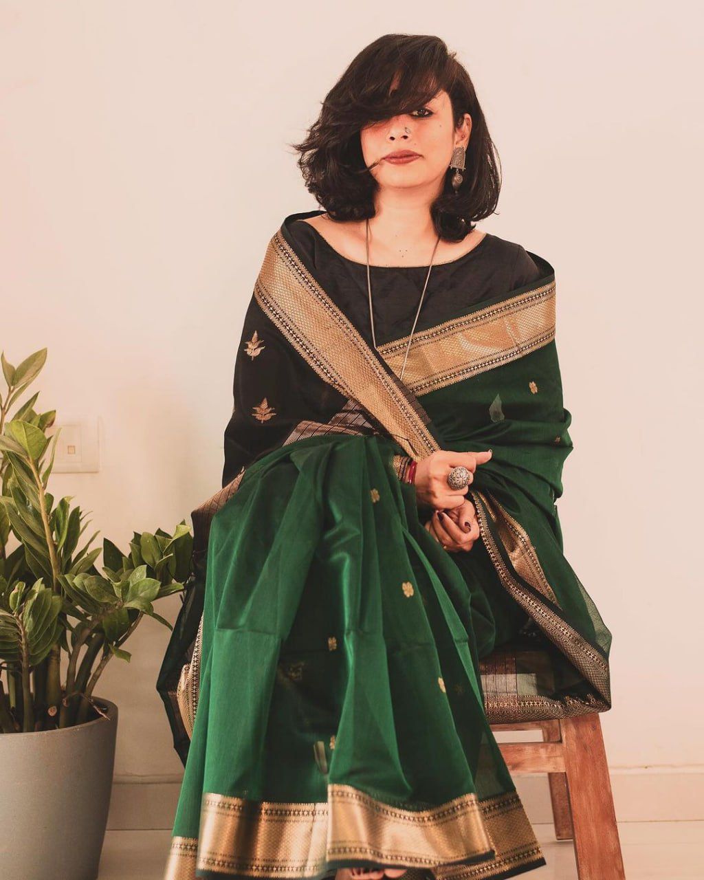 Deep Green Cotton Silk Saree with Gold Zari Border