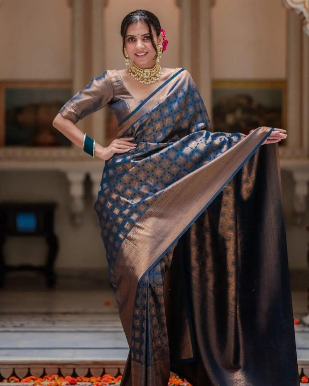 Banarasi Crimson Navy Blue Silk Saree with Gold Zari Weave