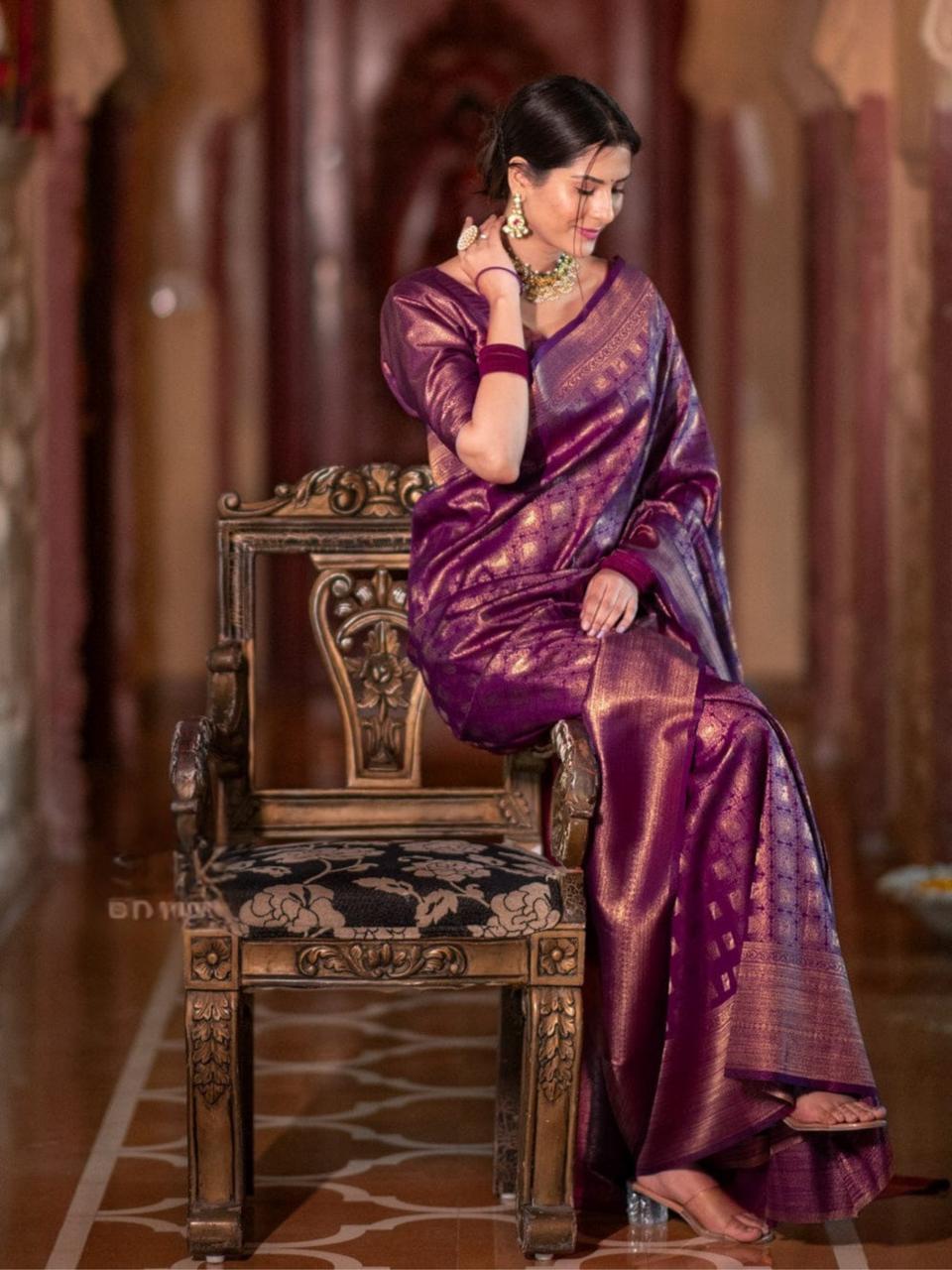 Banarasi Crimson Purple Silk Saree with Gold Zari Weave