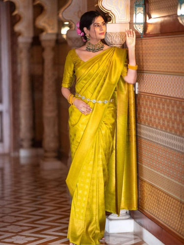 Banarasi Crimson Lemon Silk Saree with Gold Zari Weave
