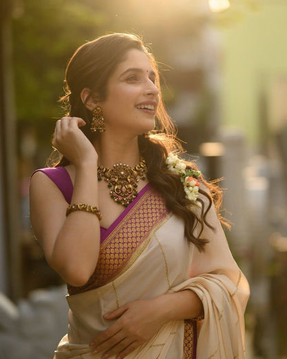Ivory Cream Saree with Rich Purple Zari Border