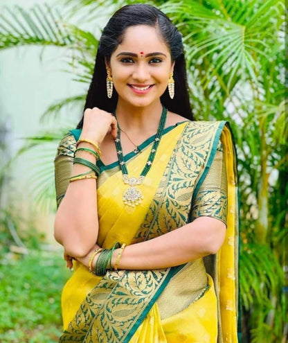 Bright Yellow Saree with Green Zari Border