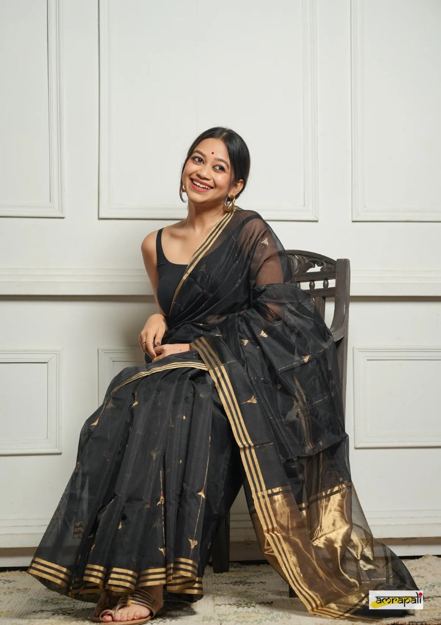 Black Handwoven Cotton Silk Saree with Zari Border