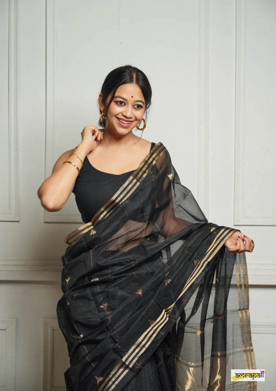Black Handwoven Cotton Silk Saree with Zari Border