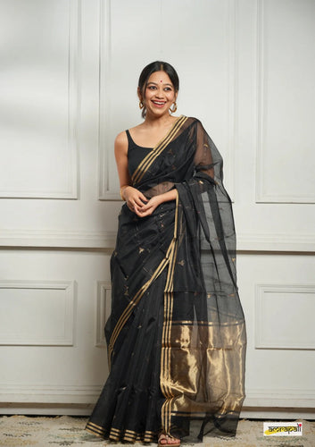 Black Handwoven Cotton Silk Saree with Zari Border