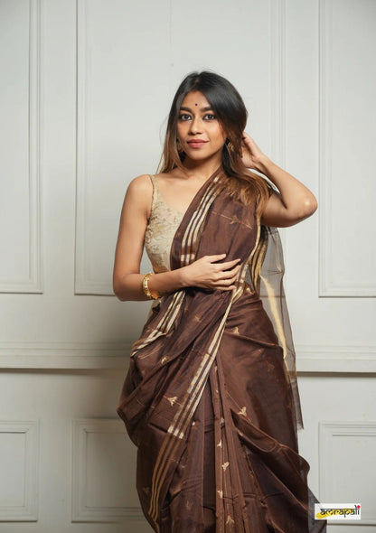 Brown Handwoven Cotton Silk Saree with Zari Border