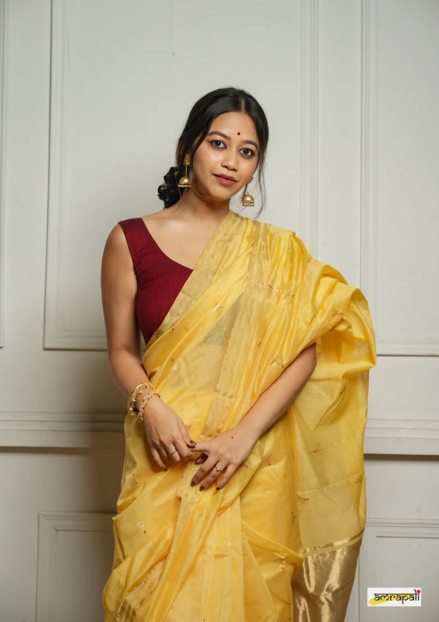 Lemon Yellow Handwoven Cotton Silk Saree with Zari Border