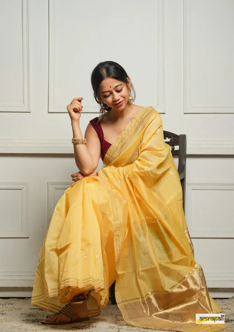 Lemon Yellow Handwoven Cotton Silk Saree with Zari Border
