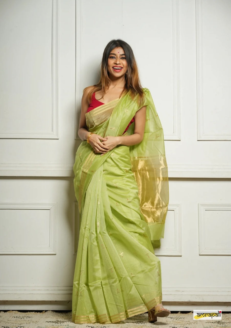 Green Handwoven Cotton Silk Saree with Zari Border