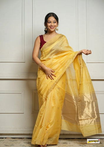 Lemon Yellow Handwoven Cotton Silk Saree with Zari Border
