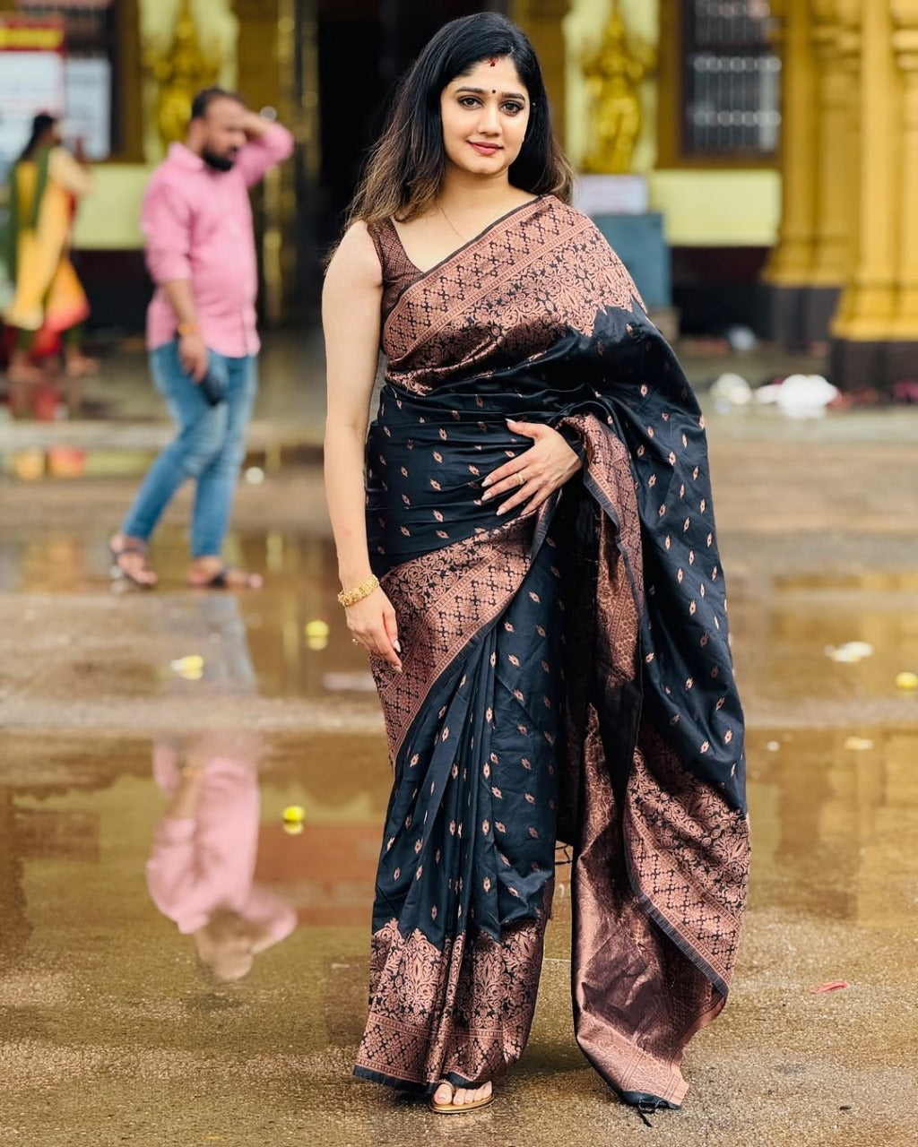 Black & Coffee Brown Banarasi Saree with Antique Zari Weave