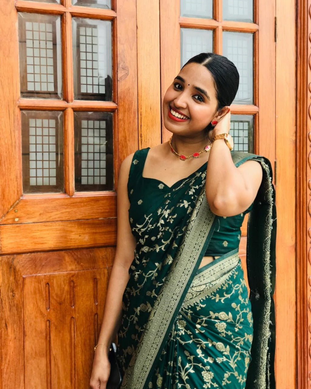 Deep Bottle Green Silk Saree with Zari Floral Vine & Tassel Pallu