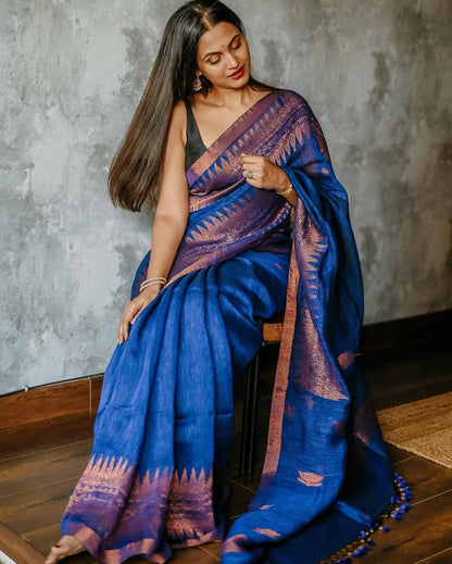 Royal Blue Raw Silk Saree with Copper Zari Border