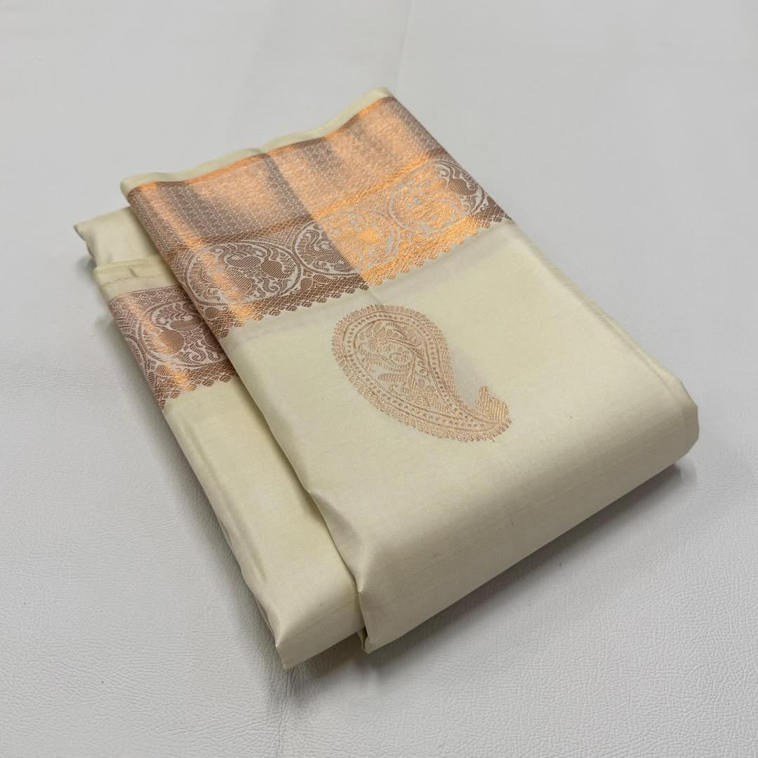 Ivory Kanjivaram Saree with Rose Gold Zari Motifs